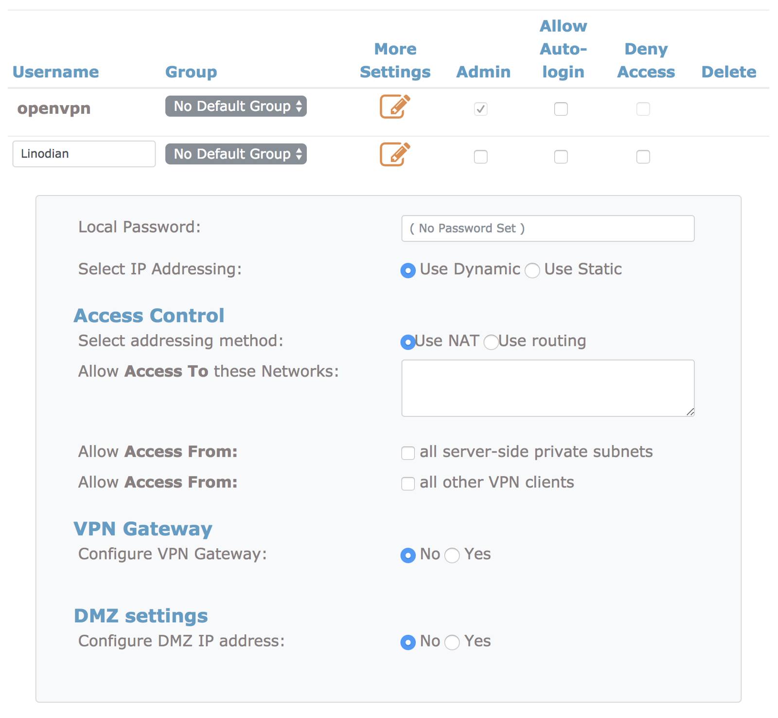 OpenVPN Admin User Settings.