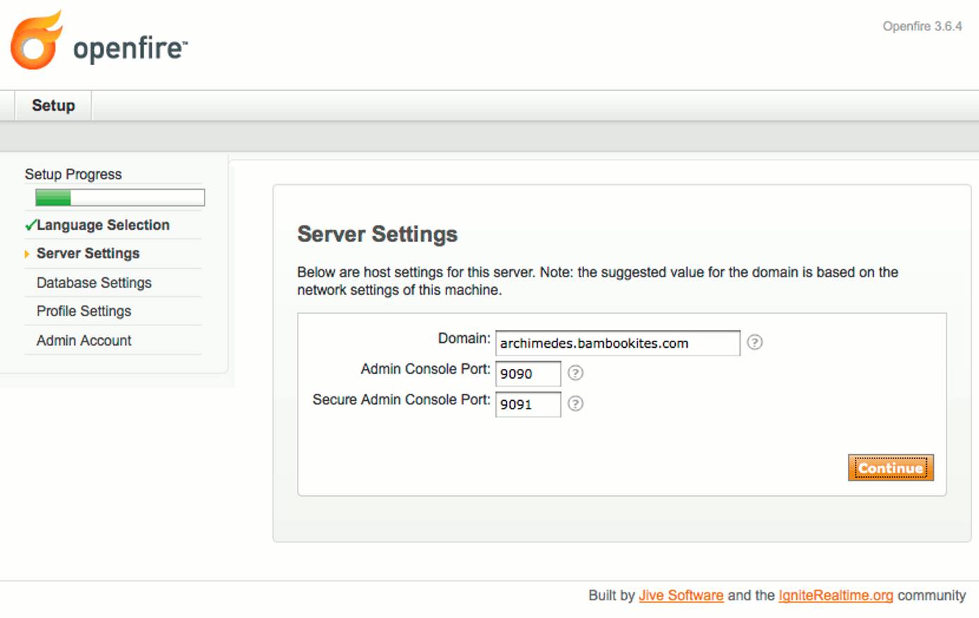 Domain and admin ports selection in Openfire setup on CentOS 5.