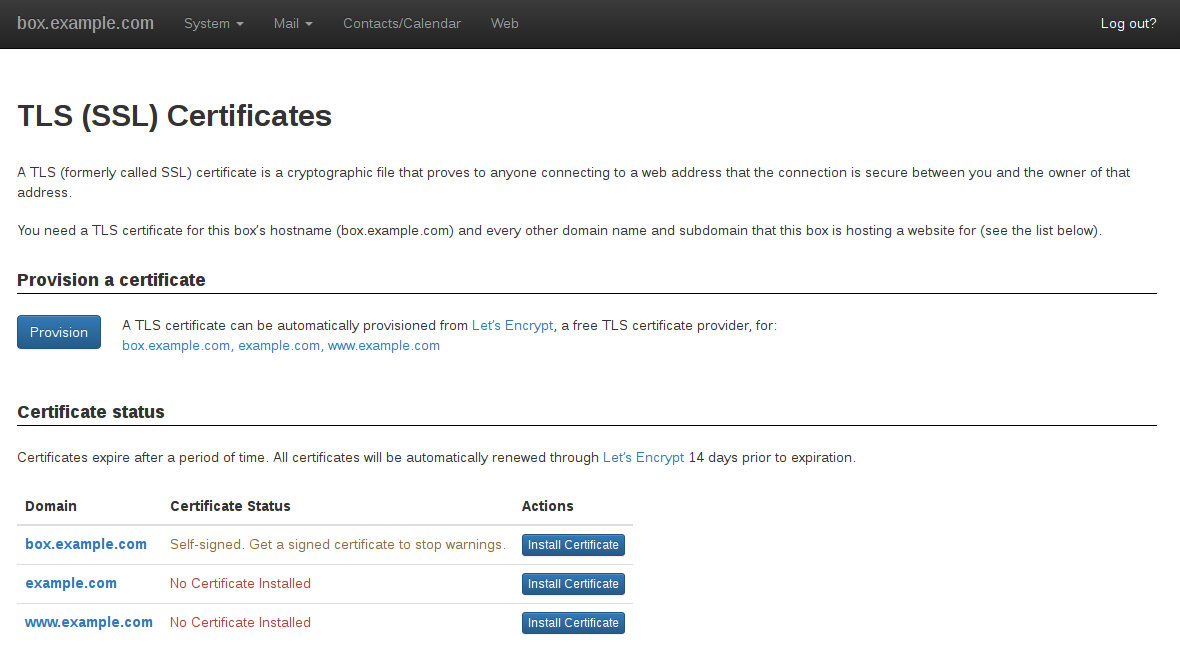 Control Panel - TLS Certificates Page