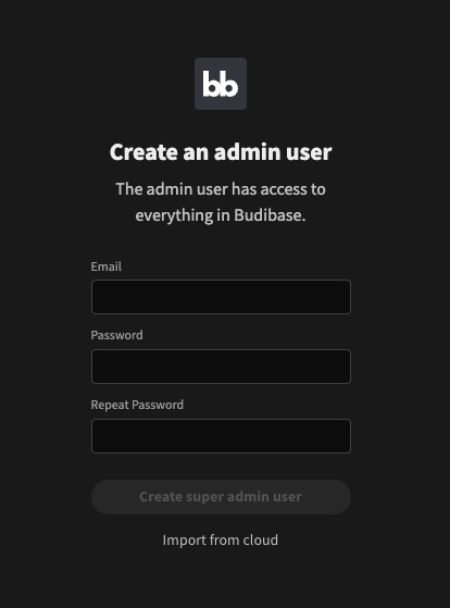 Screenshot of the Budibase admin user panel