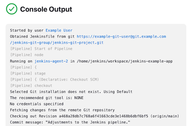 Example output from a Jenkins pipeline execution